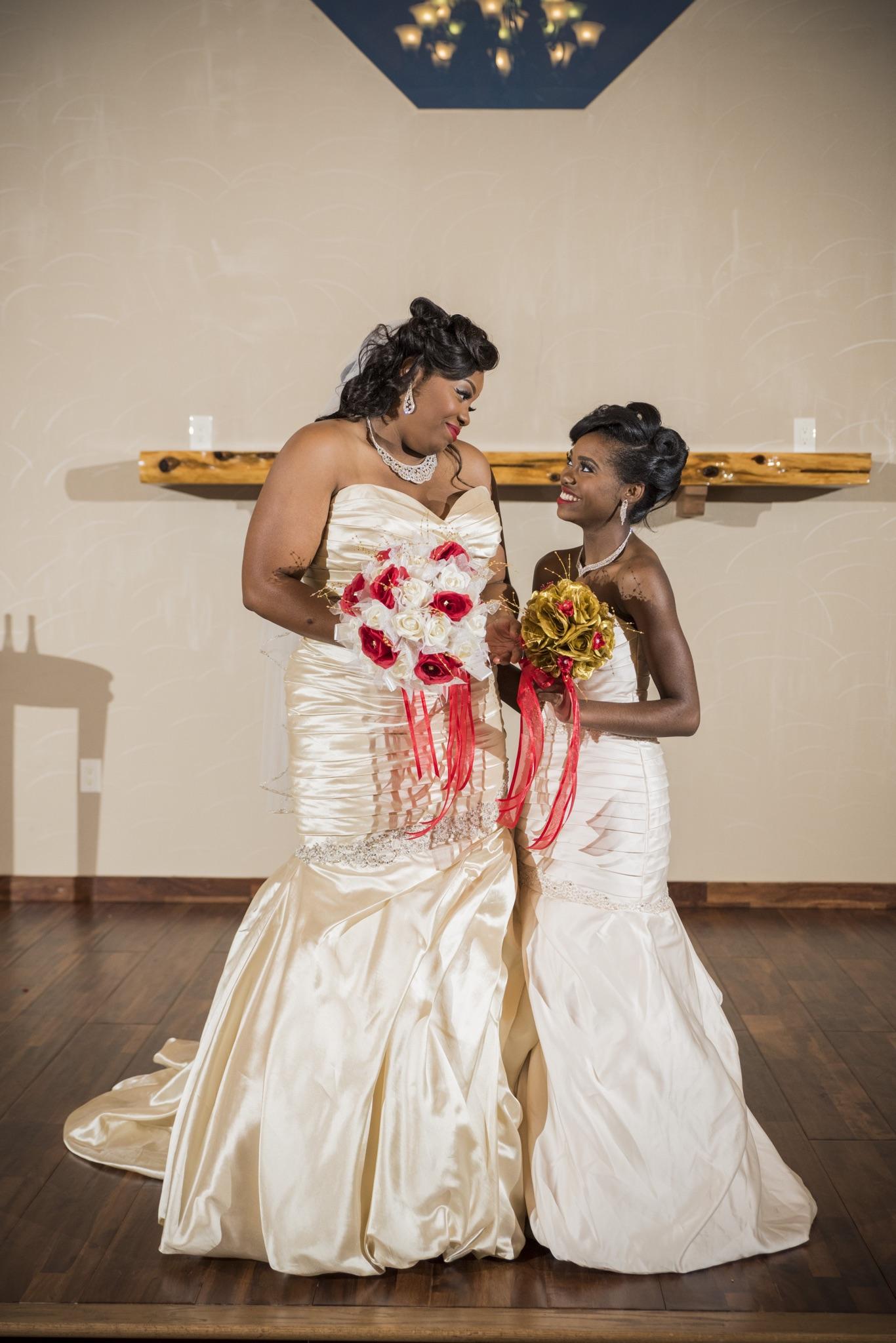 Bride and matching flower girl dresses